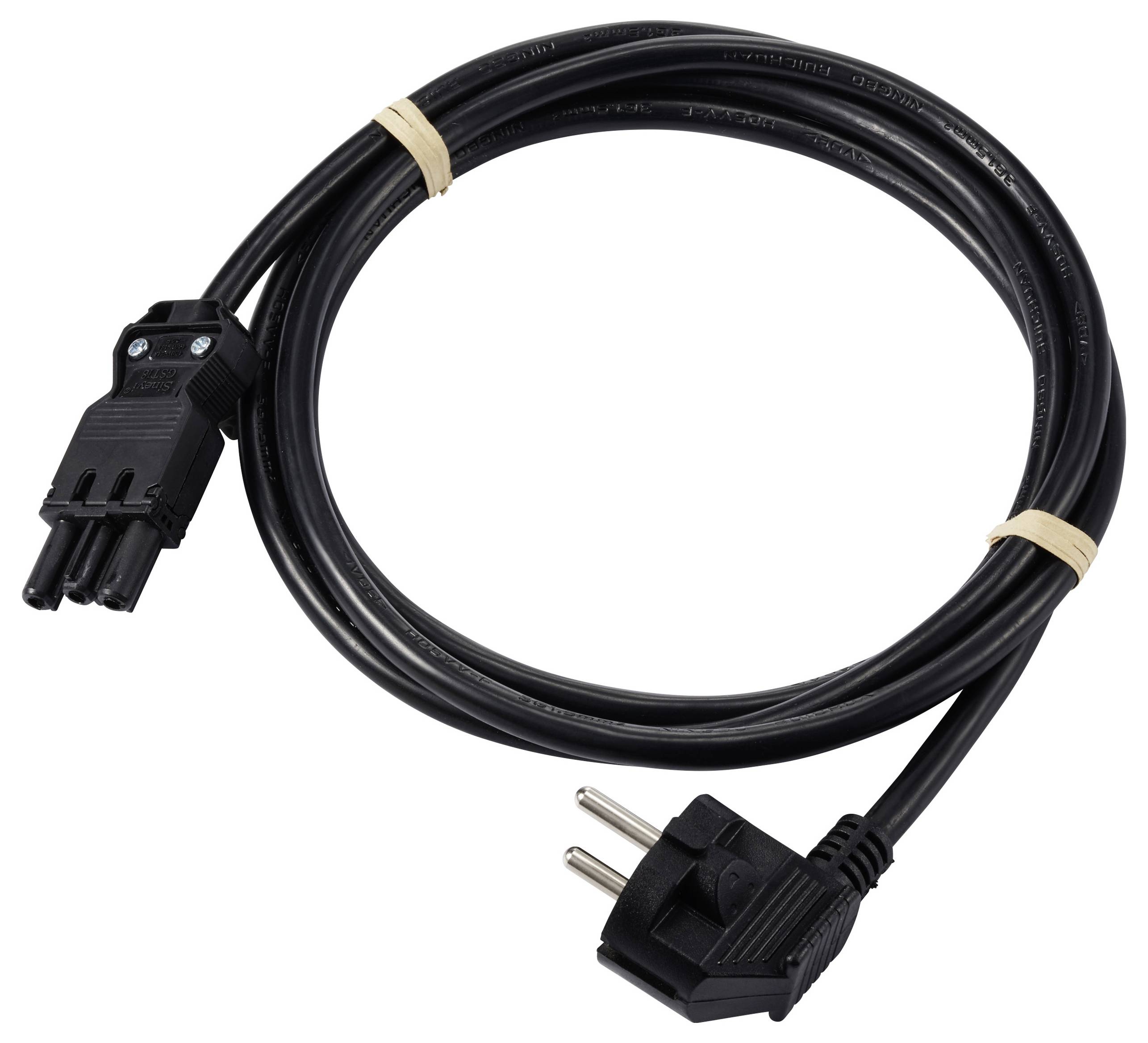 Un câble réseau noir avec une fiche européenne et un connecteur tripolaire, adapté aux appareils électriques et aux ordinateurs, sur fond blanc.