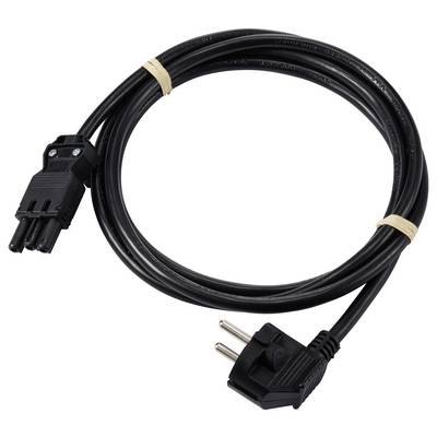 Un câble réseau noir avec une fiche européenne et un connecteur tripolaire, adapté aux appareils électriques et aux ordinateurs, sur fond blanc.