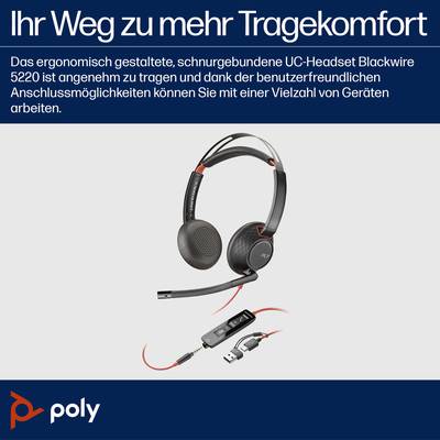 Casque Poly UC-Headset Blackwire 5220 en noir et rouge avec câble et connexion USB. Ajustement confortable et possibilités de connexion polyvalentes.