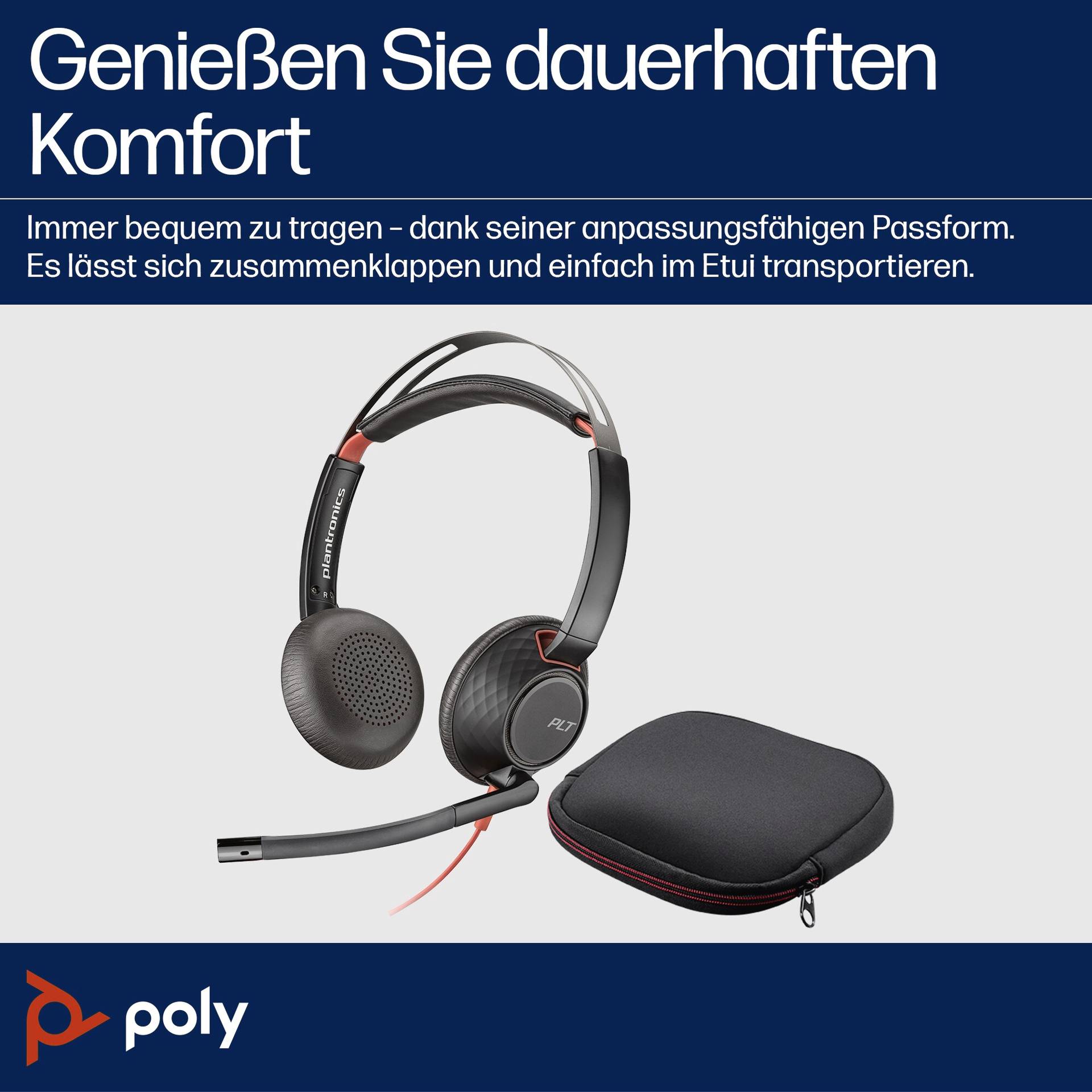 Un casque noir et rouge avec microphone et étui de transport. Texte en haut : « Profitez d'un confort durable ». Marque : Poly.