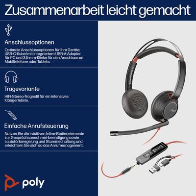 Casque audio avec microphone et câble USB/3,5 mm. Connexion et utilisation simples. Logo Poly en bas à gauche.