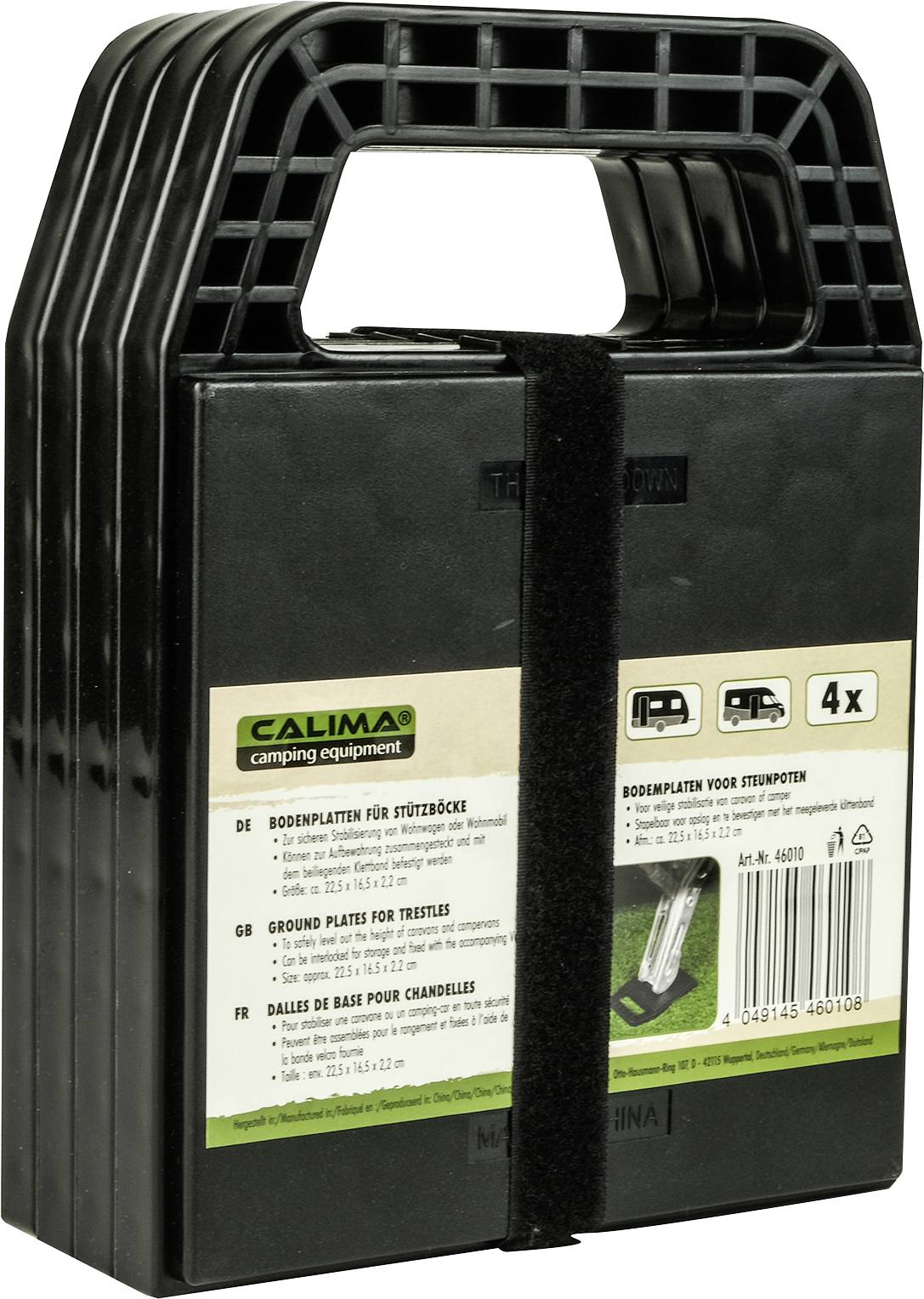 Quatre plaques de sol noires avec poignées, pour blocs de support de l'équipement de camping Calima. Emballées avec une étiquette multilingue.