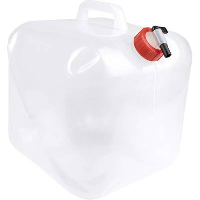 Un bidon en plastique transparent avec un bouchon à vis rouge et un bec verseur court en haut.