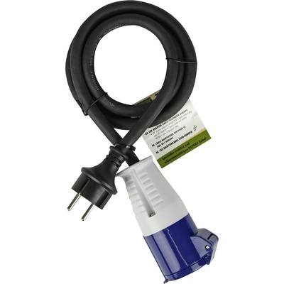 Un câble électrique noir avec une fiche bleue et blanche d'un côté et une prise Schuko noire de l'autre côté.