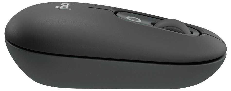 Souris d'ordinateur noire sans fil, vue de côté, avec molette de défilement positionnée au centre.