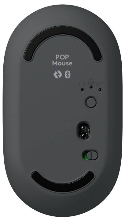 Le dos d'une souris d'ordinateur gris foncé avec l'inscription 'POP Mouse' et le symbole Bluetooth. Contient un capteur et un interrupteur.