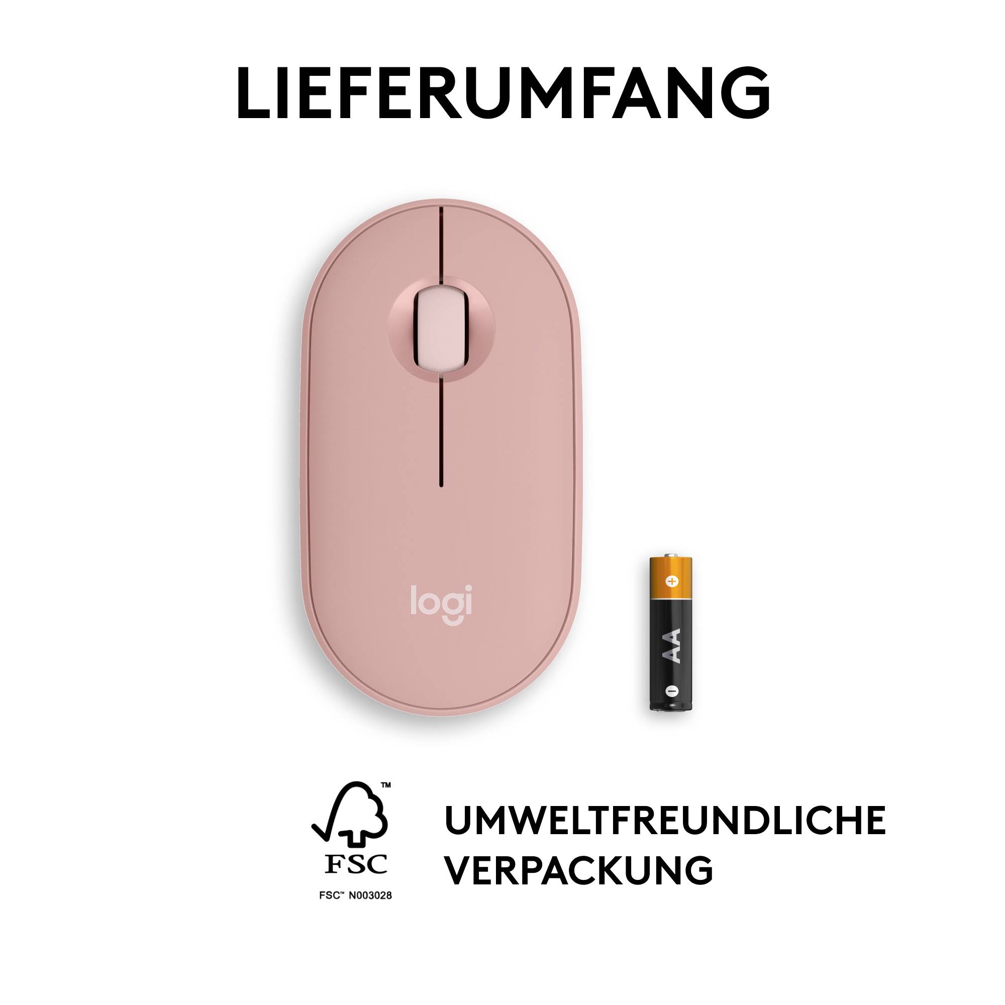 Une souris rose et une pile AA à côté de l'inscription 'CONTENU DE LA LIVRAISON' avec une indication d'emballage écologique.