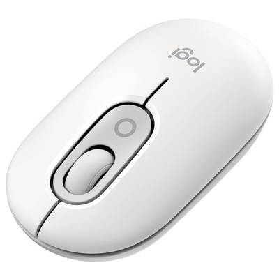 Souris d'ordinateur blanche avec deux boutons et une molette de défilement, logo de marque visible sur le dessus.