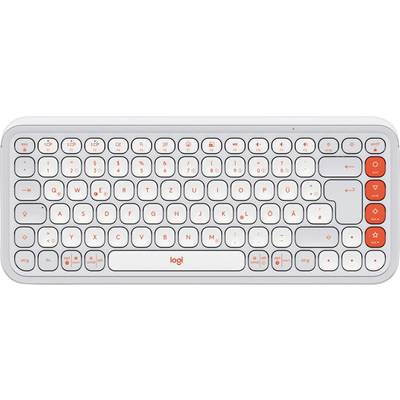 Clavier compact sans fil avec boîtier blanc et touches rondes à accents orange, incluant des touches spéciales en haut.