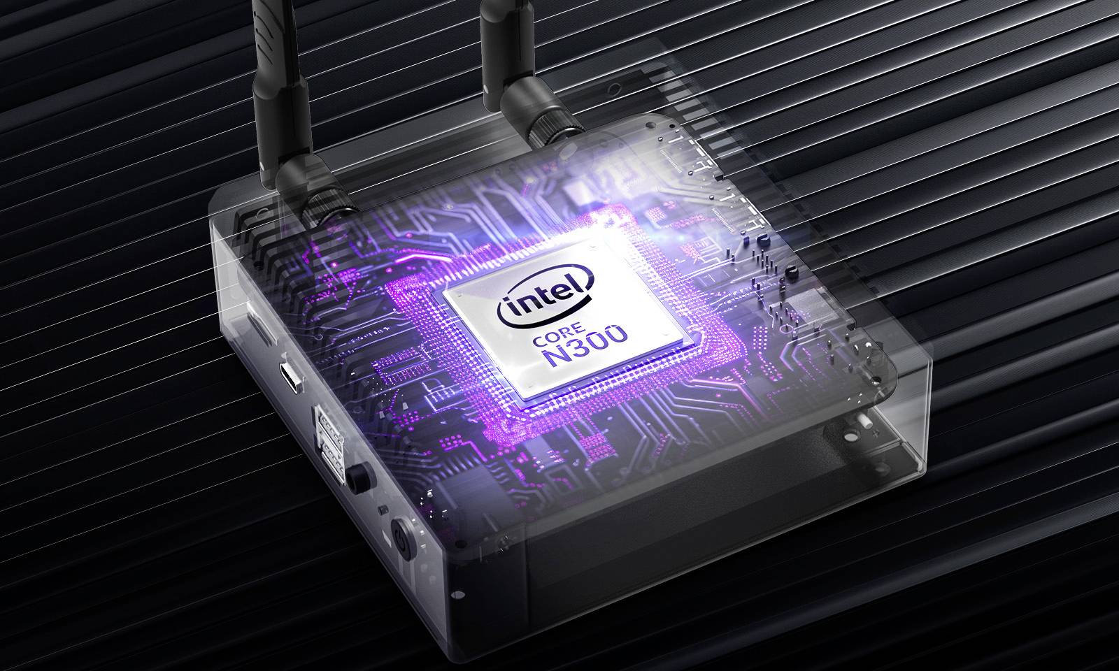 Un routeur transparent avec un circuit interne visible, illuminé, portant l'inscription 'Intel Core N300'.