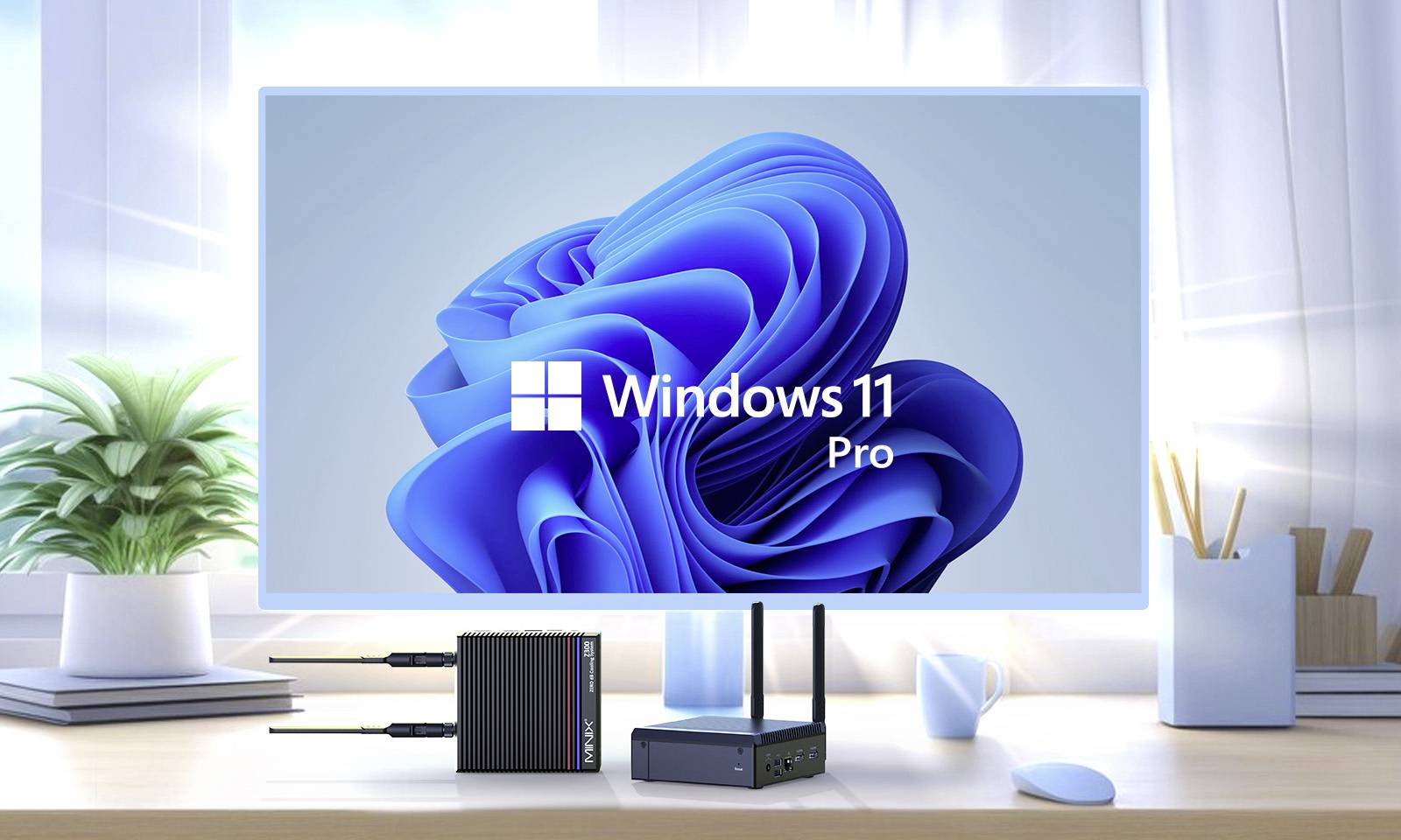 Un écran d'ordinateur affiche le logo Windows 11 Pro avec un graphisme de fond bleu tourbillonnant, entouré d'un environnement de bureau moderne.