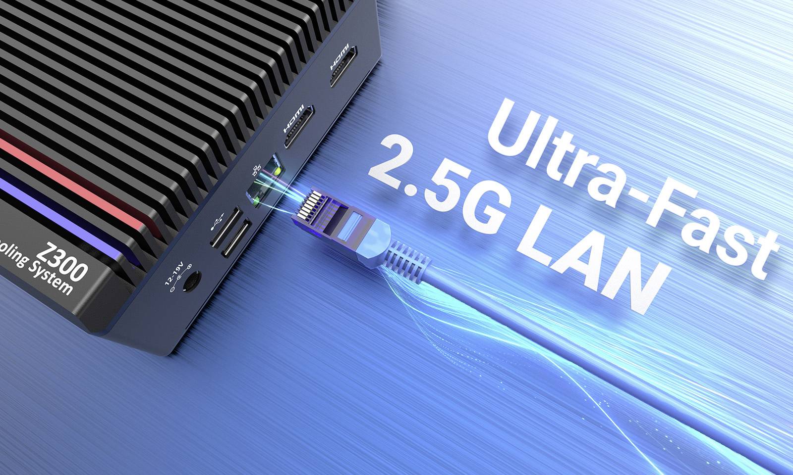Ordinateur avec connexion LAN 2,5G et câble LAN Ultra-Rapide. Texte : LAN Ultra-Rapide 2,5G.