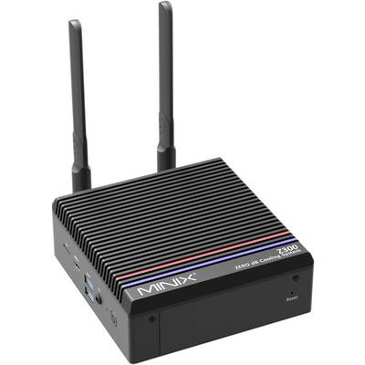 Un mini-PC compact noir de la marque MINIX, modèle Z300, doté de deux antennes et de ports à l'avant, avec un système de refroidissement passif.