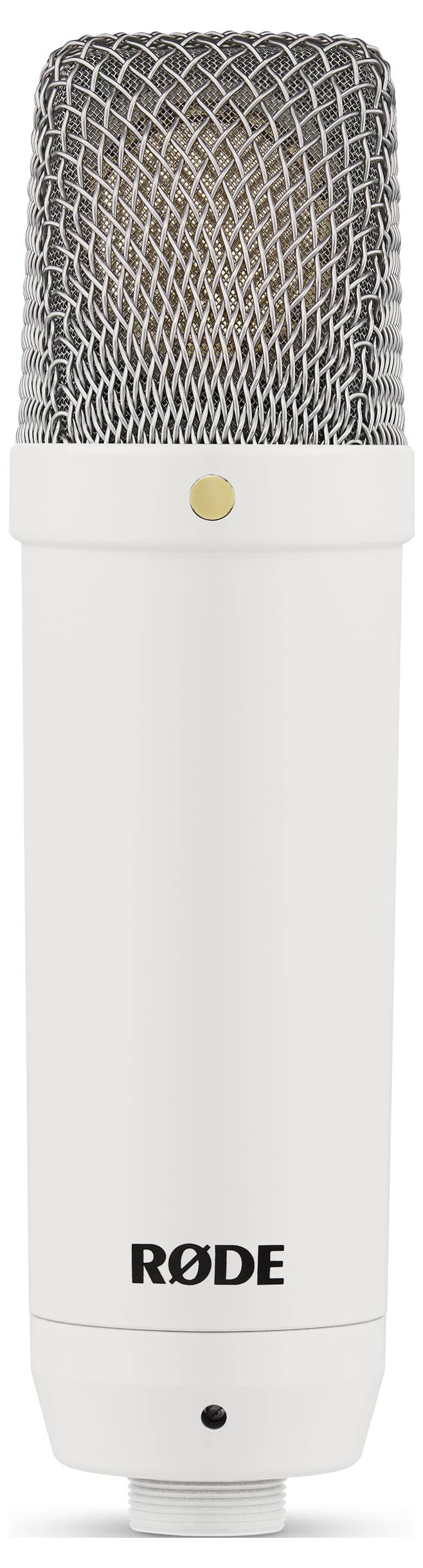 Microphone blanc avec capsule en grille métallique et l'inscription 'RØDE' en bas. Un point doré marque l'avant du microphone.