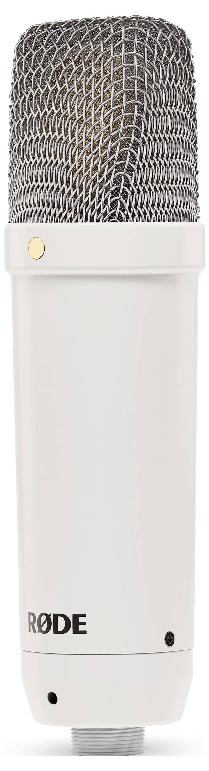 Microphone blanc de RØDE avec grille métallique. Idéal pour des enregistrements audio professionnels.