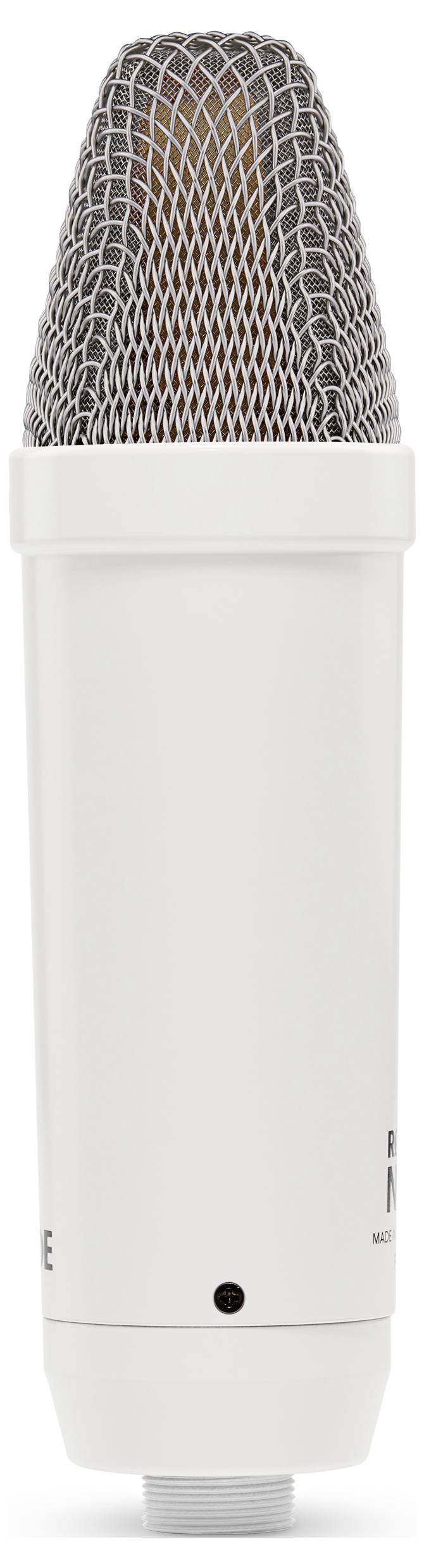 Un microphone à condensateur blanc avec grille métallique. Idéal pour l'enregistrement vocal ou instrumental en studio.