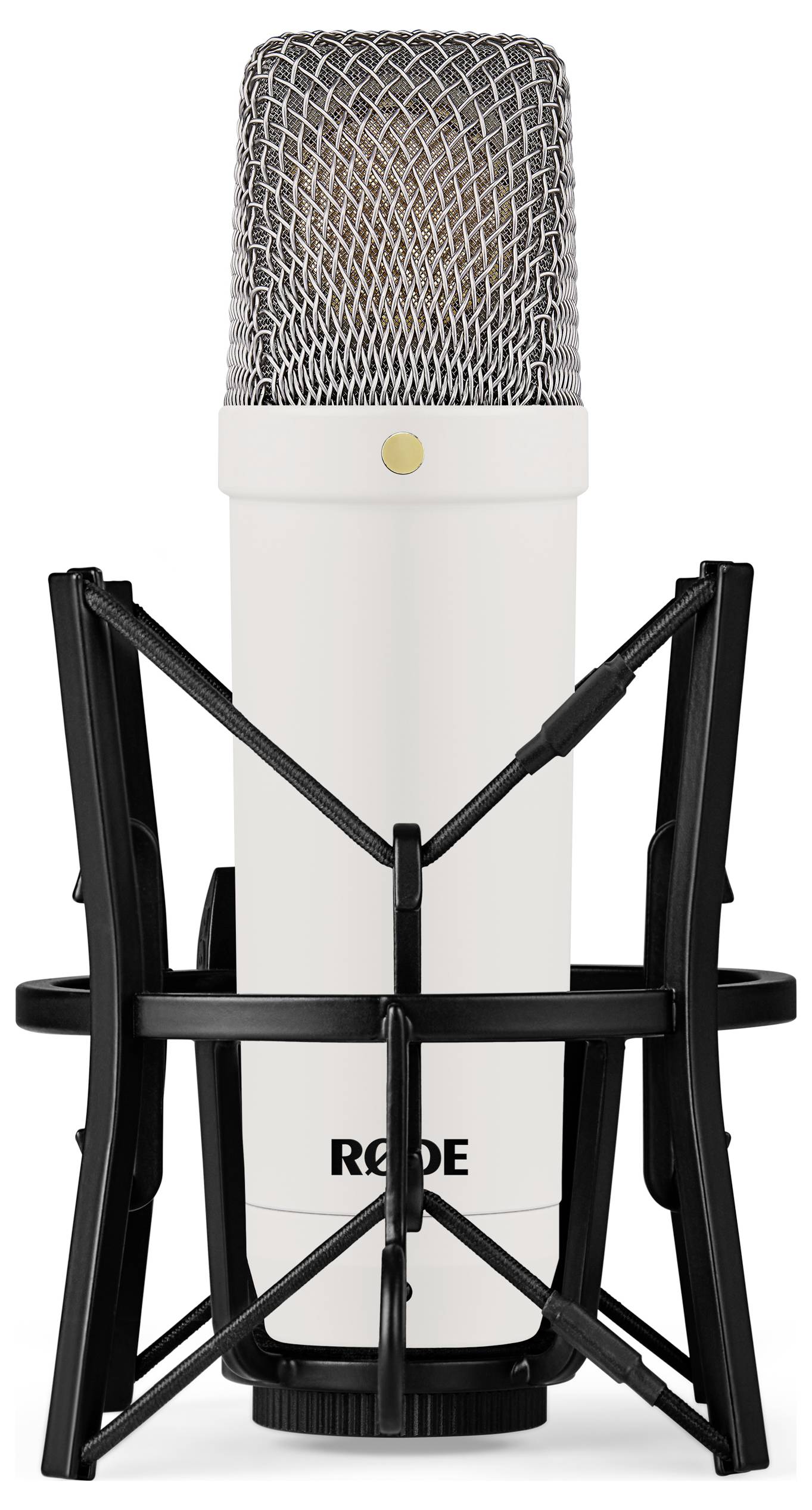 Microphone de studio blanc avec support noir, adapté pour des enregistrements audio professionnels.
