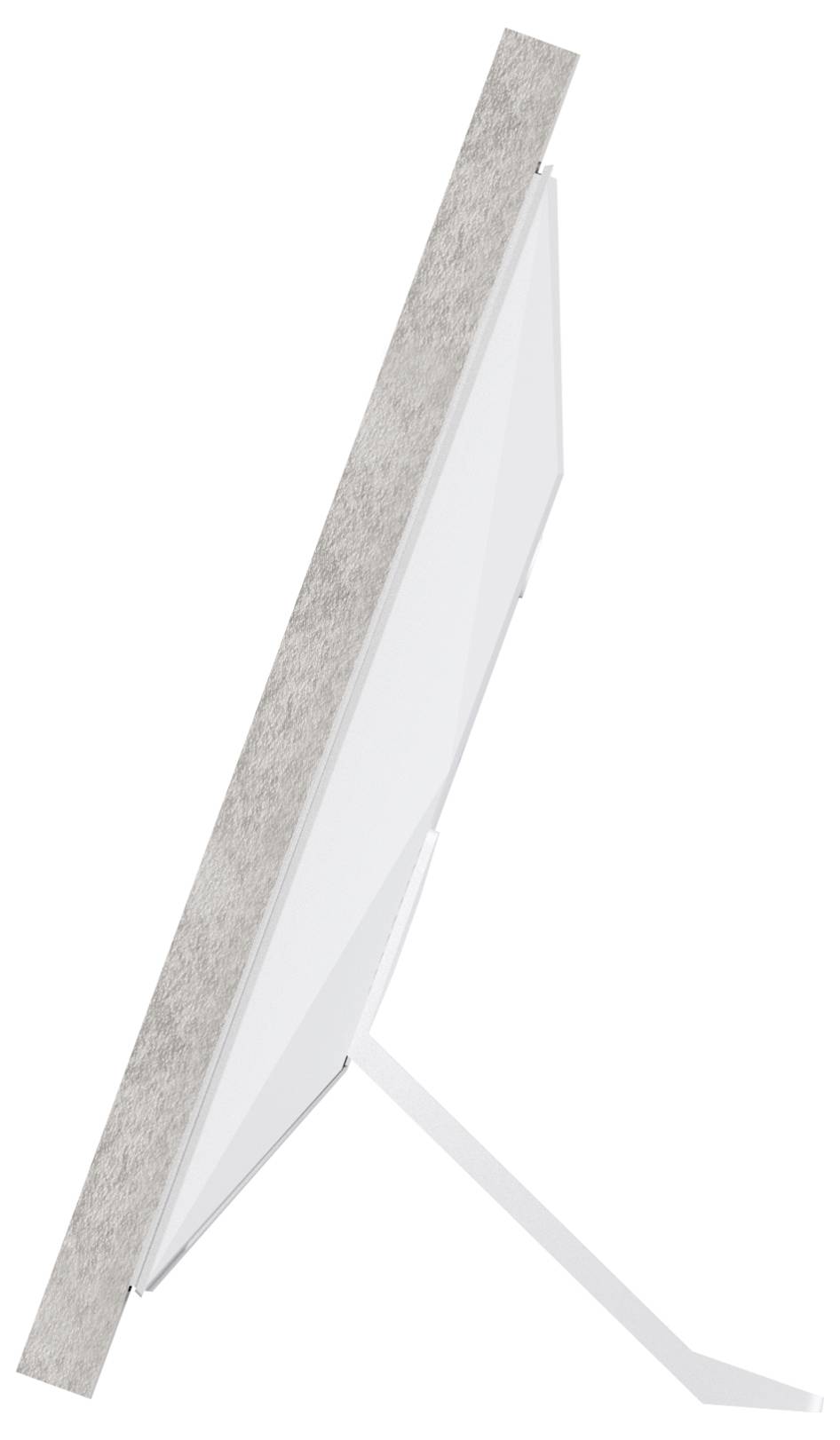 Un profil latéral moderne et fin d'un moniteur avec un cadre gris et un pied blanc.
