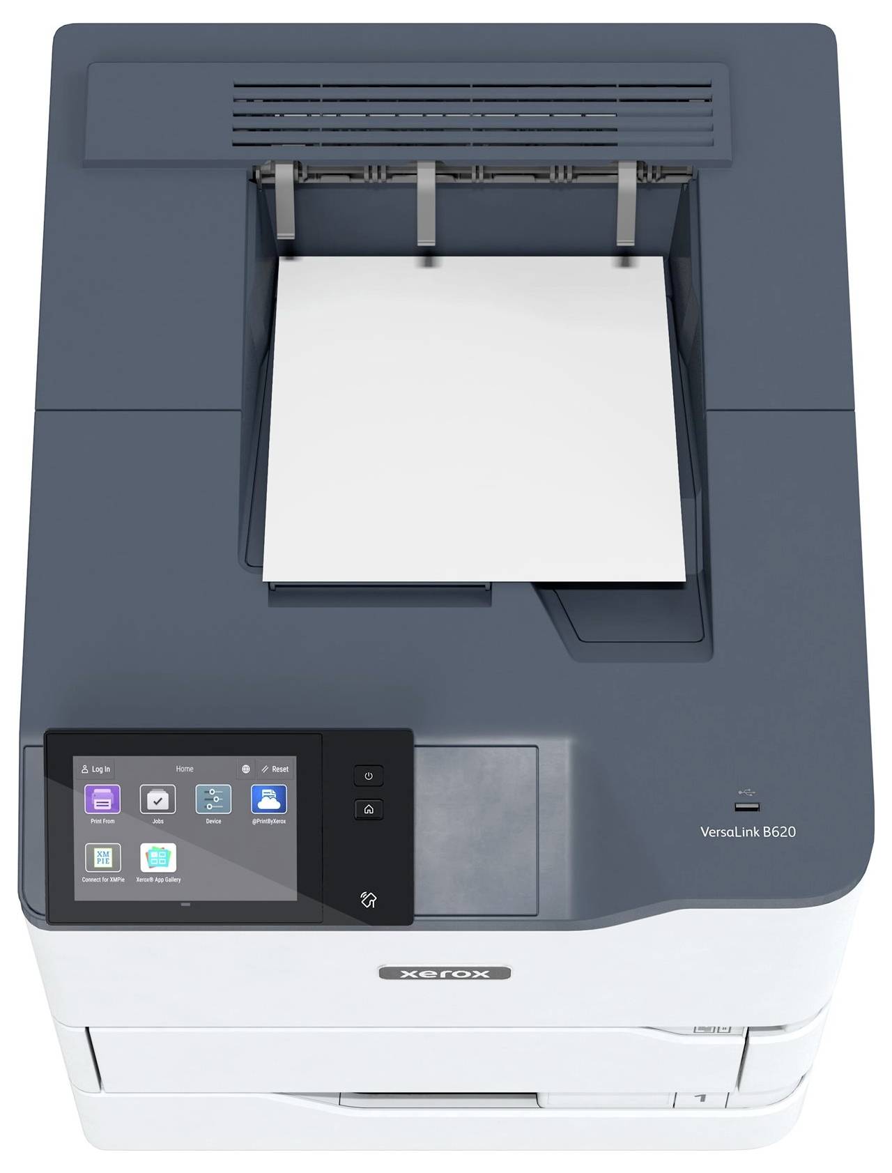 Une imprimante noir et blanc avec un écran. Du papier est placé dans le bac de sortie. L'imprimante dispose de différents boutons de commande.