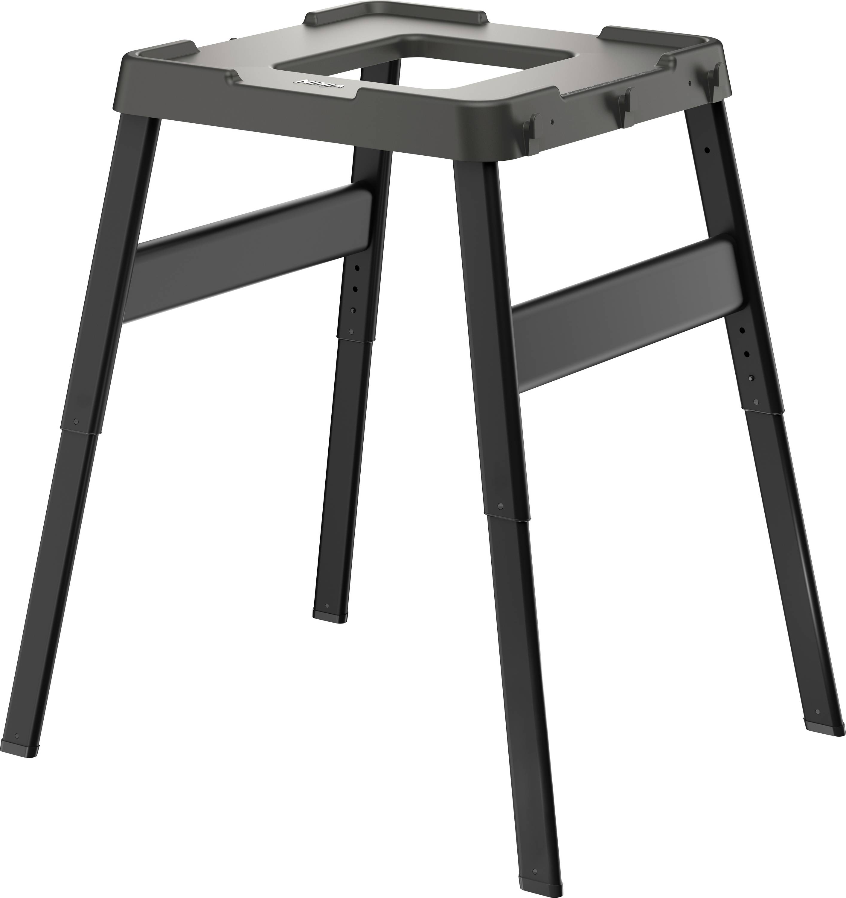 Support métallique noir à quatre pieds, robuste et solide, conçu pour soutenir des machines ou des équipements lourds.