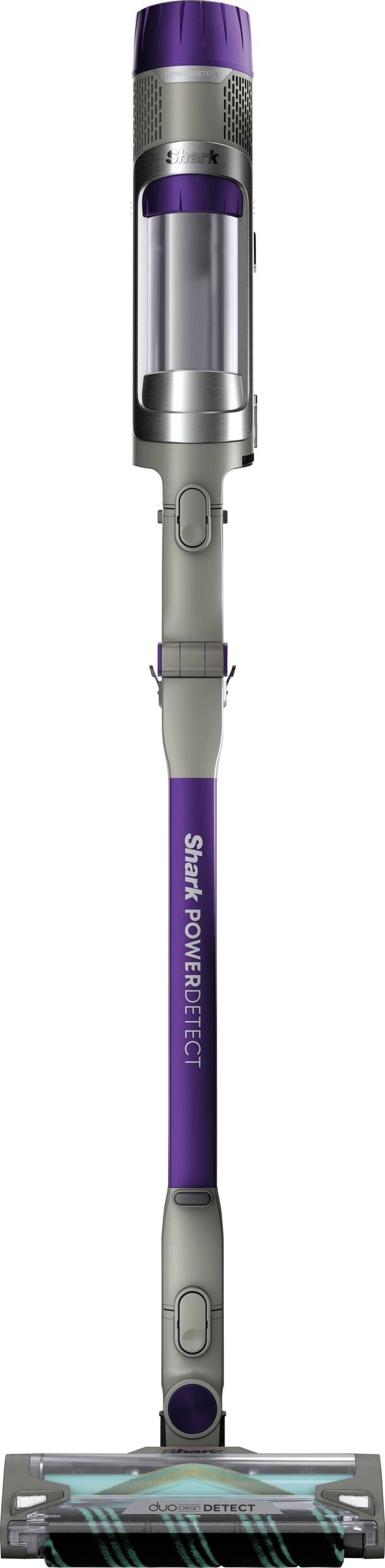 Un aspirateur sans fil violet et gris, au design élégant, doté d'une tête de brosse pour tapis et sols durs.