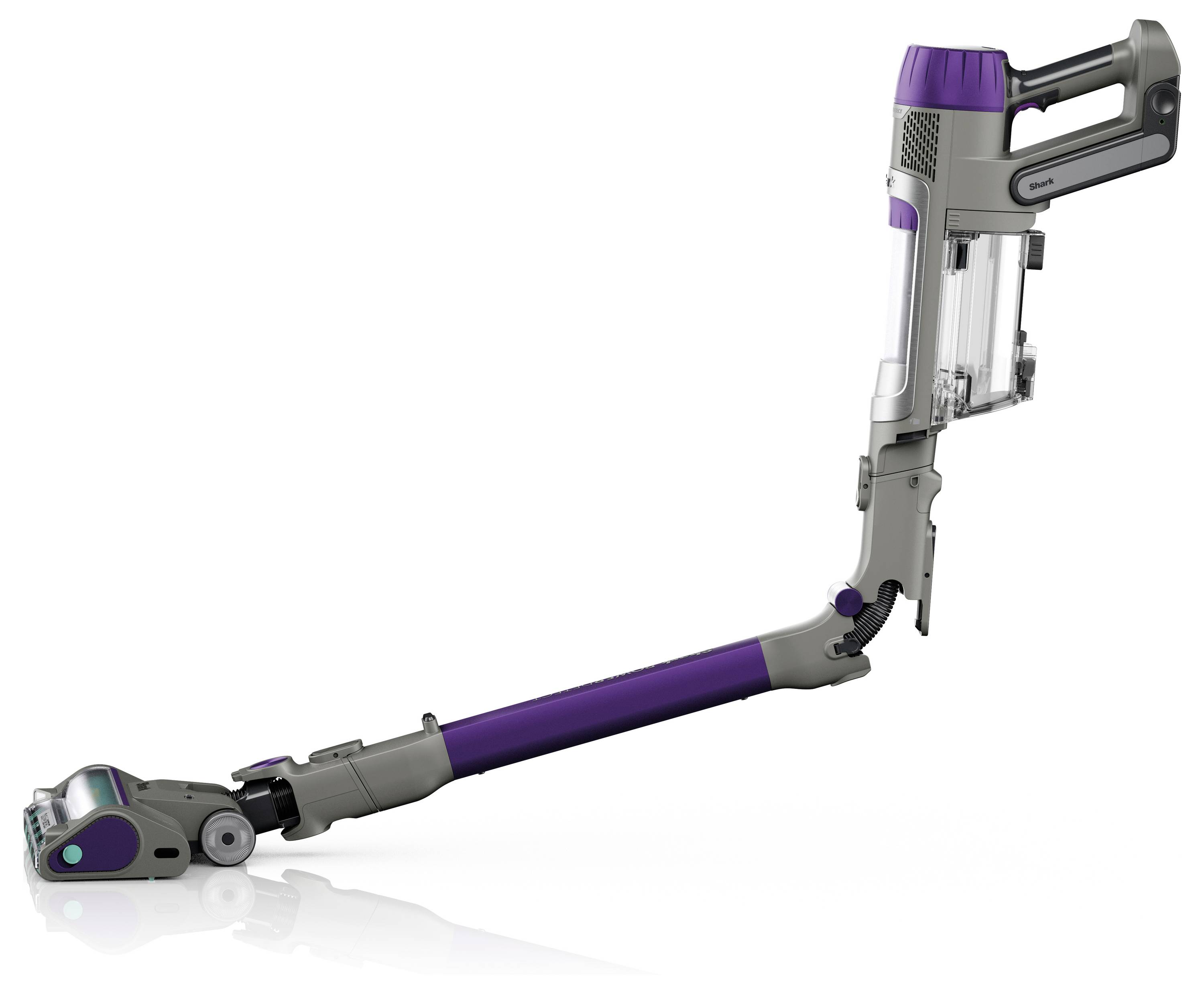 Aspirateur sans fil au design lilas et gris, avec articulation flexible et chambre à poussière transparente, idéal pour un nettoyage polyvalent.