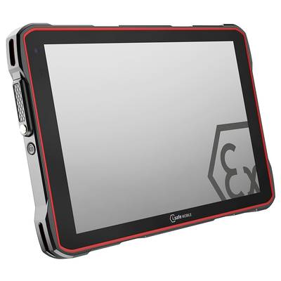 Une tablette robuste avec un cadre rouge et un boîtier noir, sur l'écran duquel un symbole 'Ex' est visible. Adaptée aux environnements difficiles.