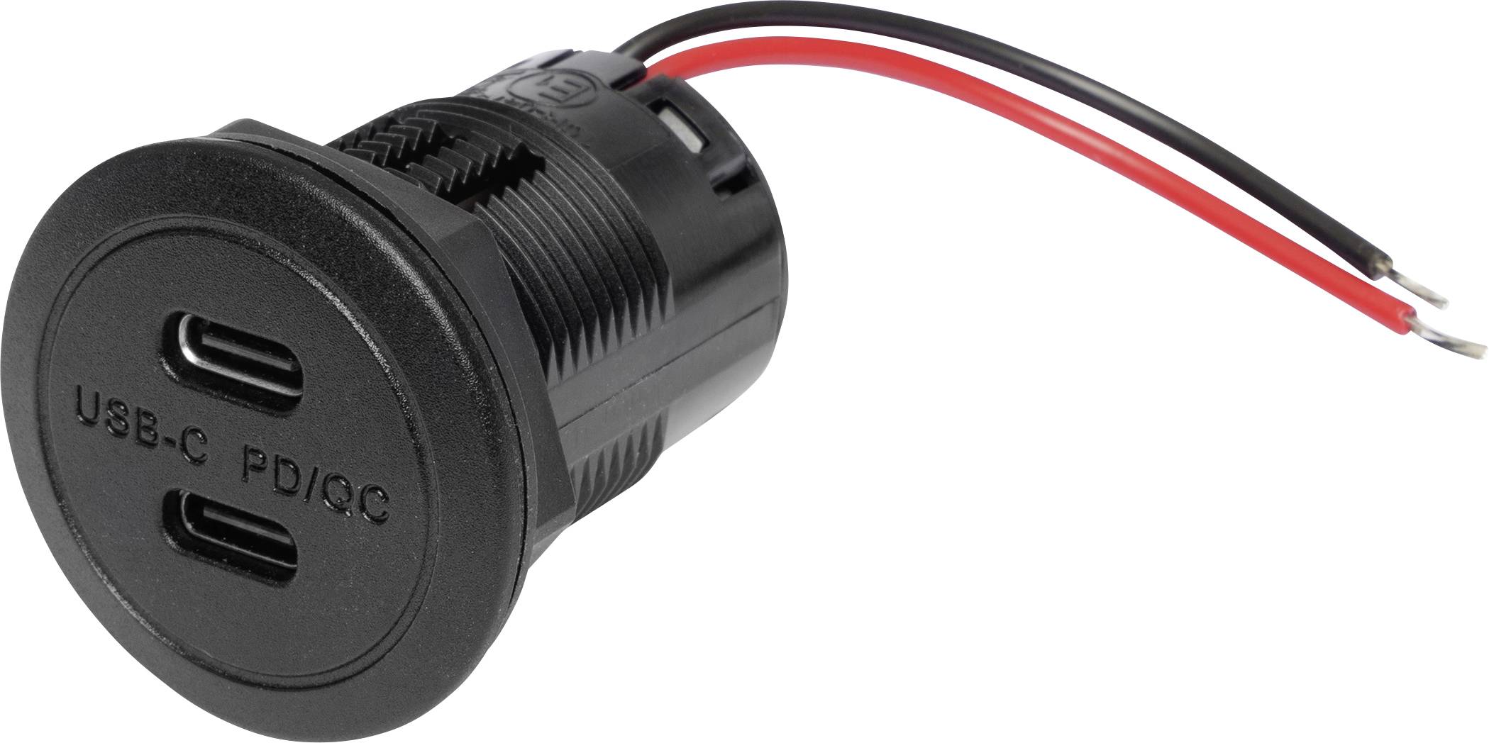 Chargeur double USB-C noir avec câble rouge et noir. Texte sur la face avant : « USB-C PD/QC ».