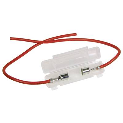 Un support de fusible transparent avec un couvercle ouvert montre un fusible relié par des fils rouges à chacune de ses extrémités.