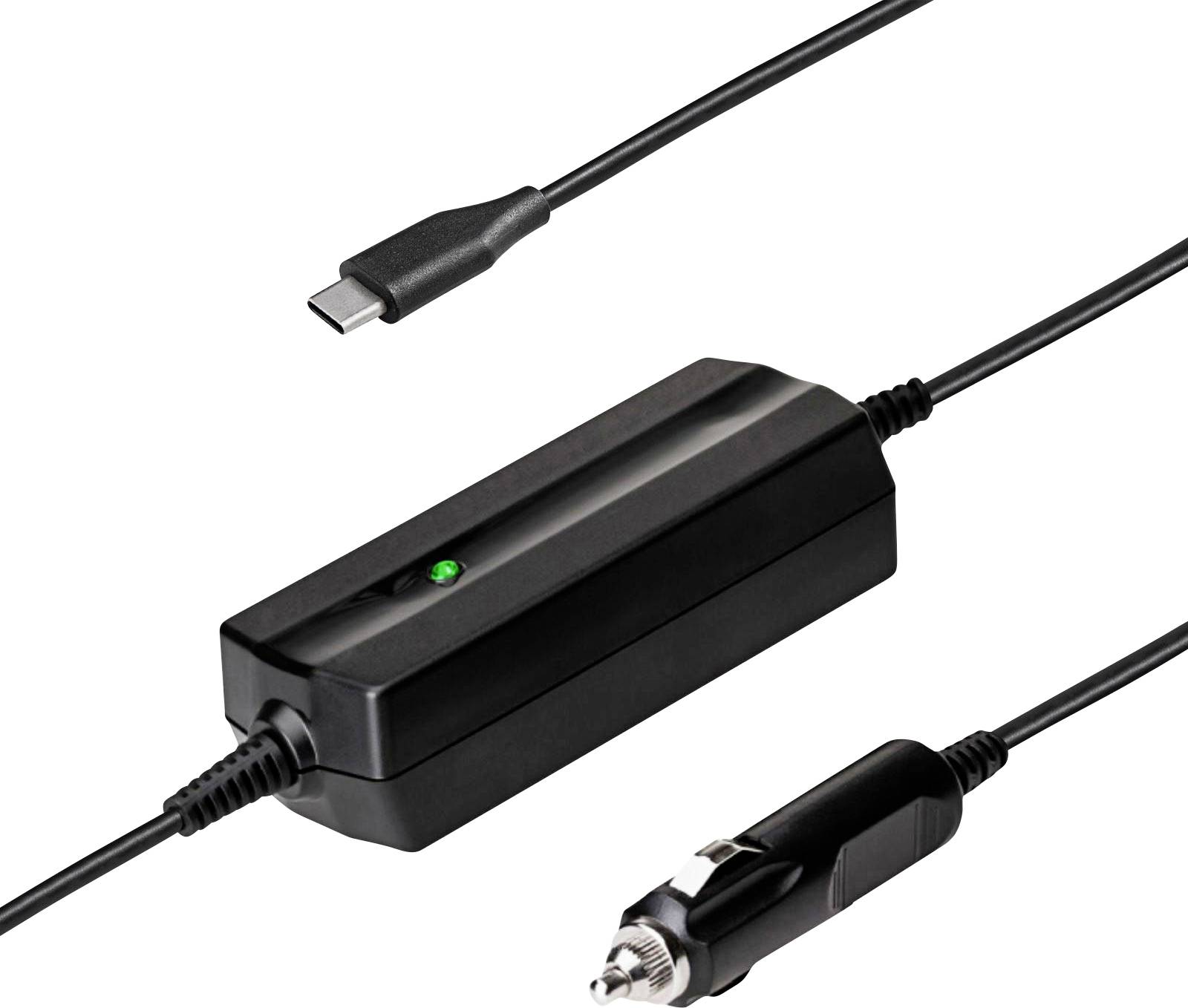 Chargeur noir avec port USB-C et fiche allume-cigare, adapté à une utilisation dans un véhicule.