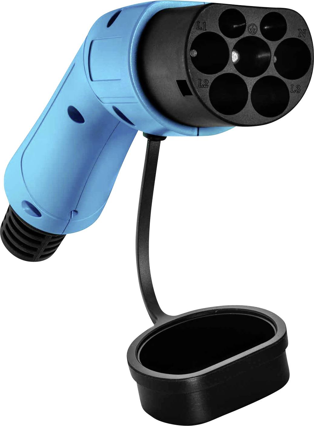 Un chargeur de voiture électrique bleu avec un câble noir et un capuchon.