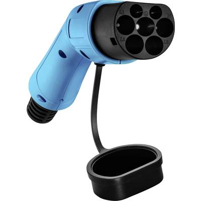 Un chargeur de voiture électrique bleu avec un câble noir et un capuchon.