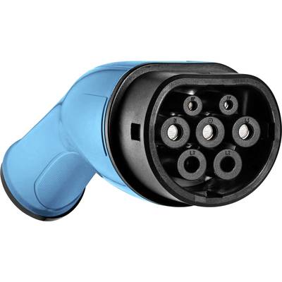 Un connecteur bleu à six pôles de type 2 pour véhicules électriques, utilisé pour la charge dans des stations publiques ou privées.