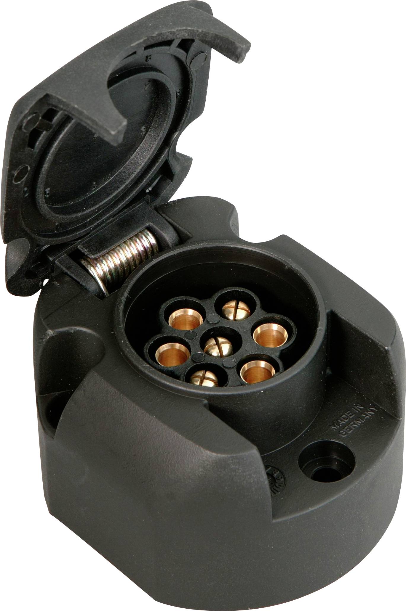 Prise électrique avec couvercle ouvert, montrant cinq contacts de couleur cuivrée. Adaptée à l'électricité automobile, boîtier noir robuste.