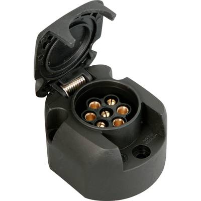 Prise électrique avec couvercle ouvert, montrant cinq contacts de couleur cuivrée. Adaptée à l'électricité automobile, boîtier noir robuste.