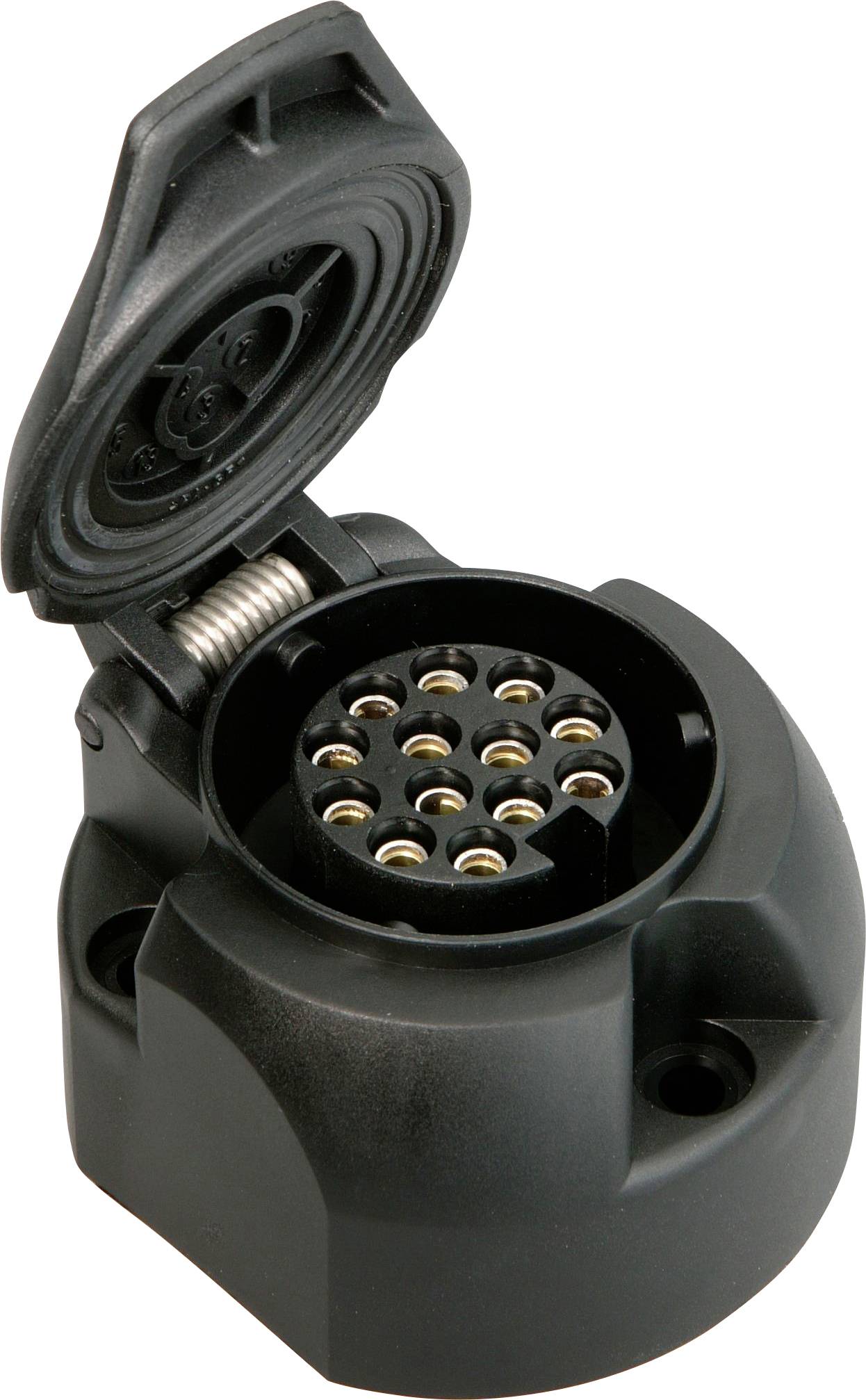 'Prise de remorque avec connexion circulaire à 13 broches, ouverte, montrant les contacts. Utilisée pour les connexions électriques entre véhicules.'