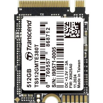 'Module SSD Transcend de 512 Go avec code-barres et numéro de série imprimés sur l'étiquette. Fabriqué à Taïwan.'