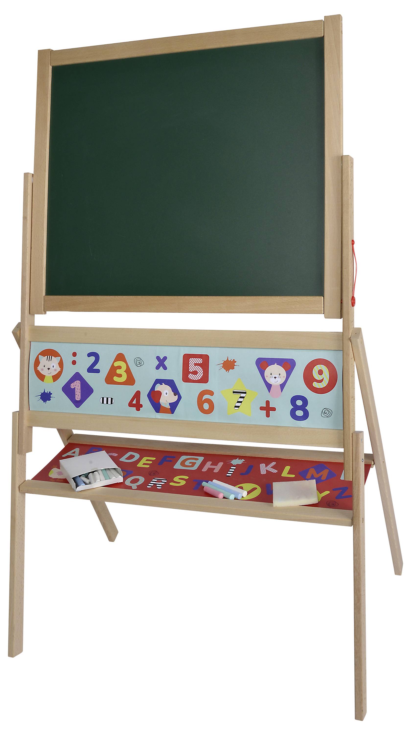 Un tableau double face sur pied avec une surface d'écriture verte, avec des chiffres et des lettres colorés en dessous, conçu comme un aide-mémoire éducatif pour les enfants.