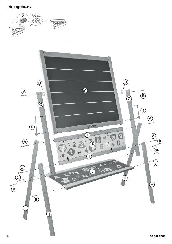 Plan de construction d'un présentoir avec tableau et curseur alphabétique. Étiqueté avec les lettres A-K, illustrant les détails de construction.