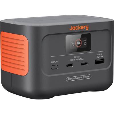 Station de charge portable avec écran et ports, incluant USB-C et USB-A. Design convivial avec des détails orange.