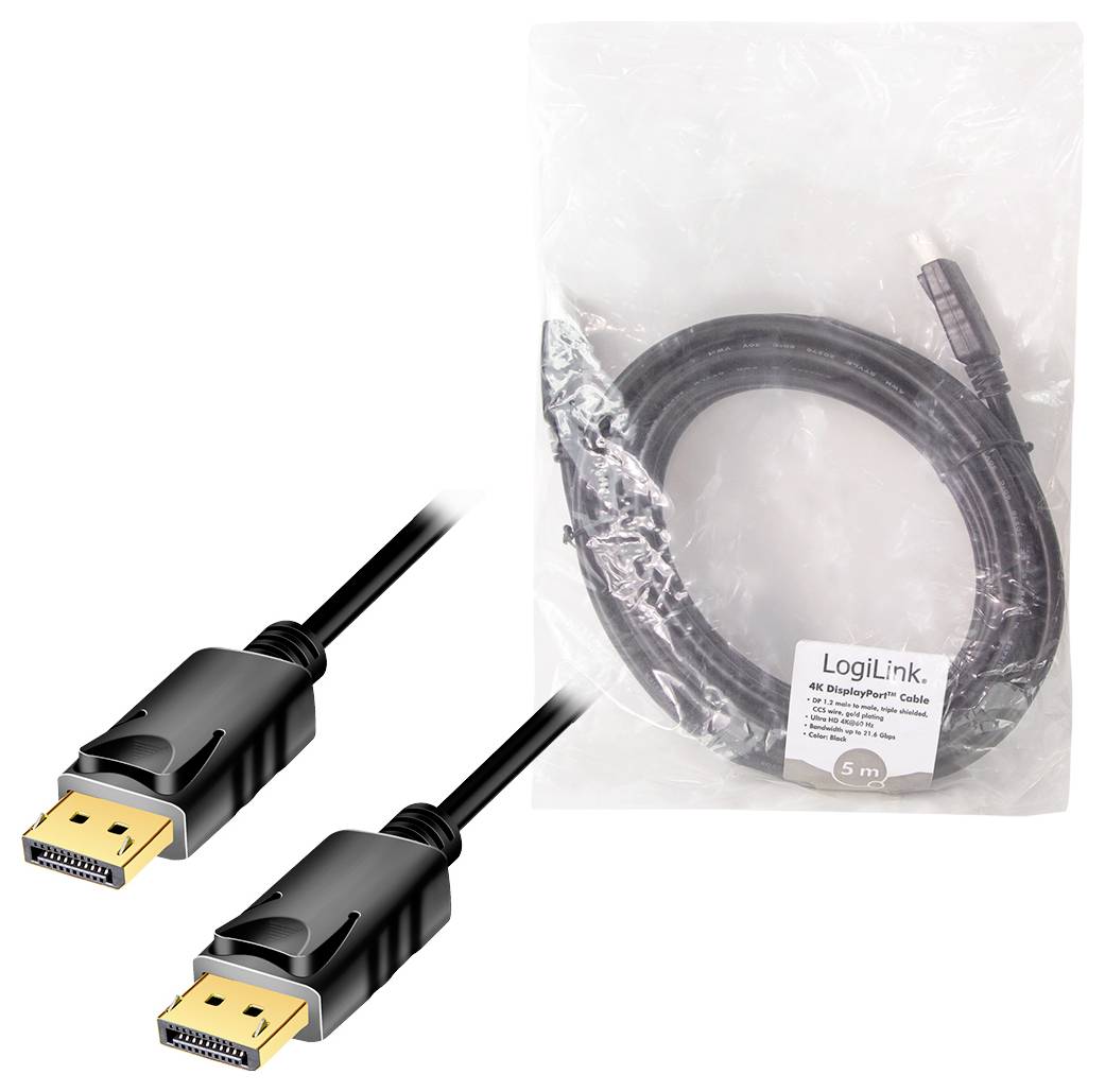 Un câble DisplayPort noir de 5 mètres de LogiLink avec des connecteurs dorés, emballé dans un sachet en plastique transparent.