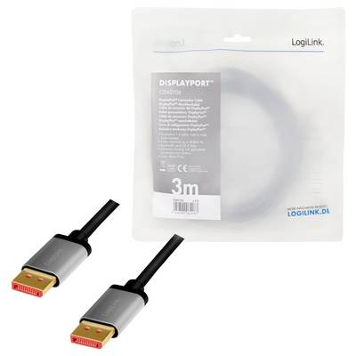 Câble DisplayPort, 3 mètres de long, de LogiLink. L'emballage présente les détails du produit et le logo de la marque. Adapté pour la transmission vidéo et audio.