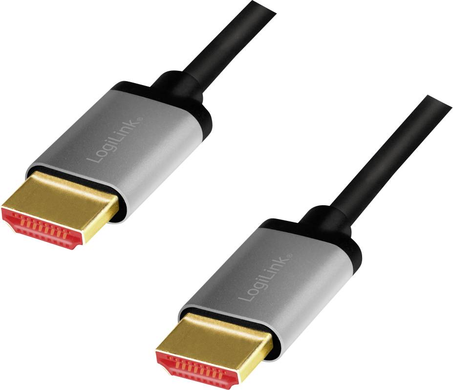 Deux fiches HDMI avec un boîtier gris et des connecteurs dorés, reliées par un câble noir.