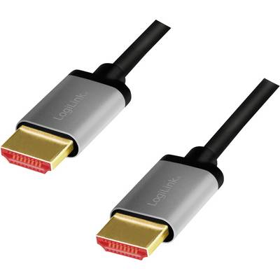 Deux fiches HDMI avec un boîtier gris et des connecteurs dorés, reliées par un câble noir.