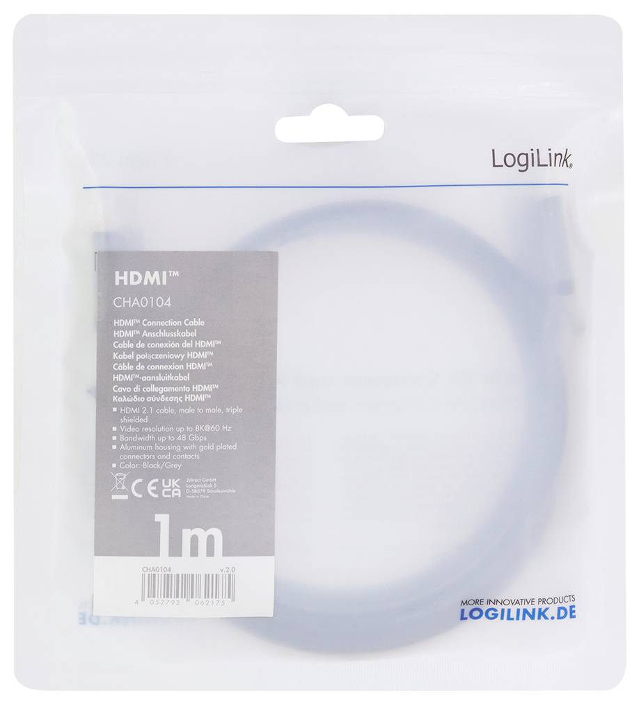 Câble de connexion HDMI 1m de LogiLink, modèle CHA0104, emballé dans un étui transparent avec informations produit et logos.