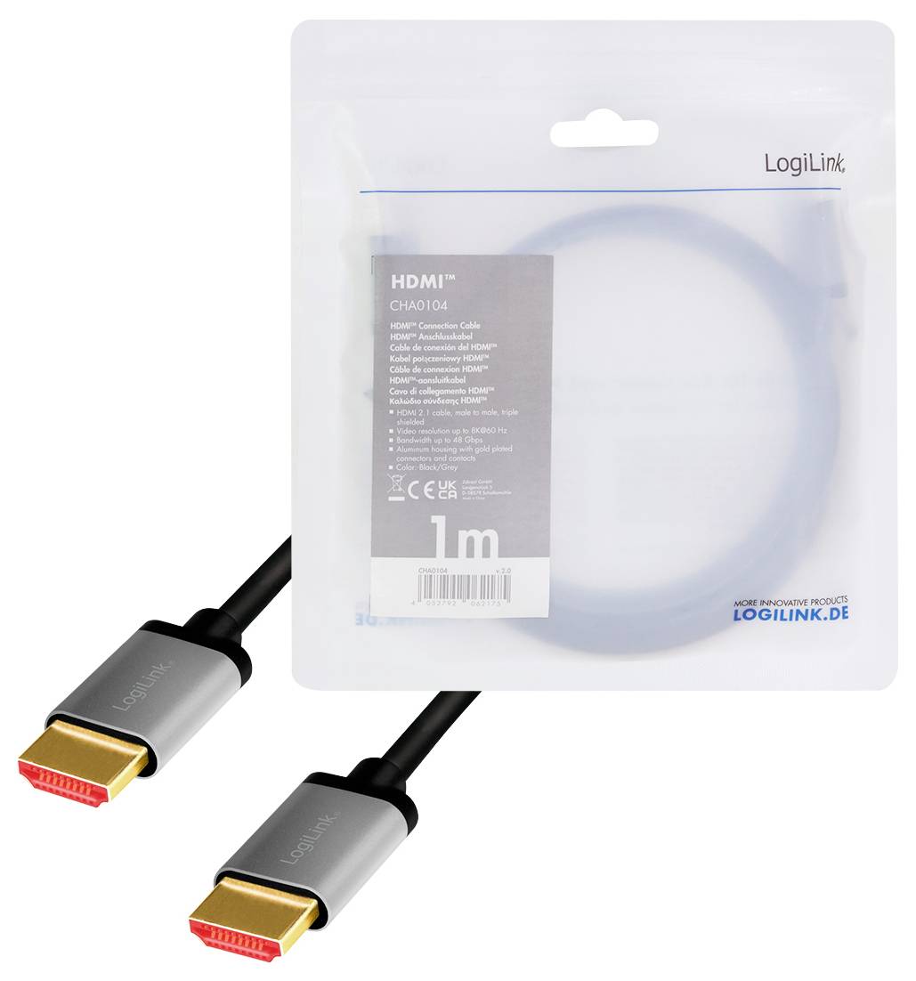 Câble HDMI de LogiLink, long de 1 mètre, dans son emballage. Adapté pour connecter des appareils multimédia.