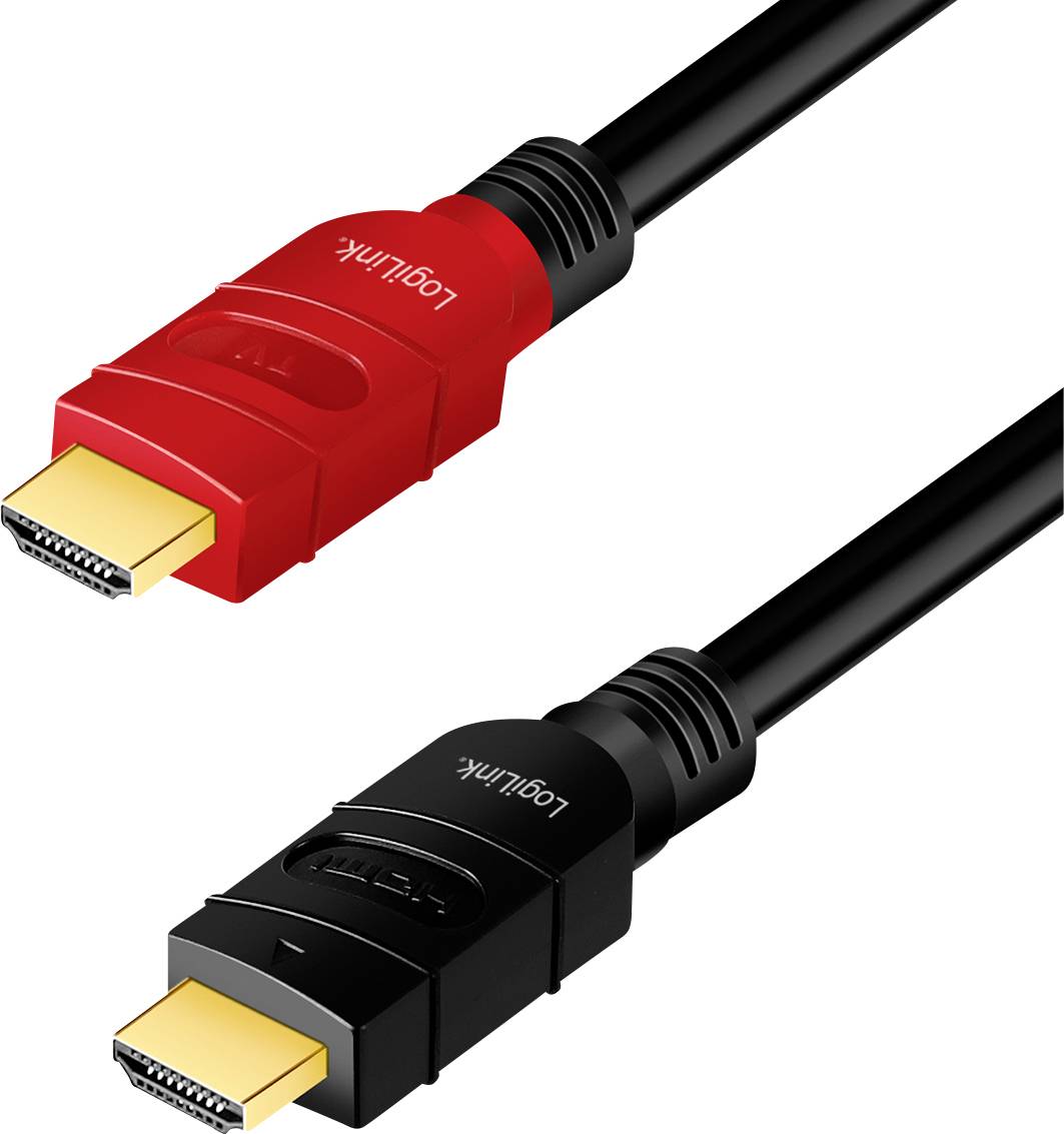 Un câble HDMI rouge et un câble HDMI noir avec des connecteurs dorés, tous deux étiquetés 'LogiLink', sur un fond blanc.