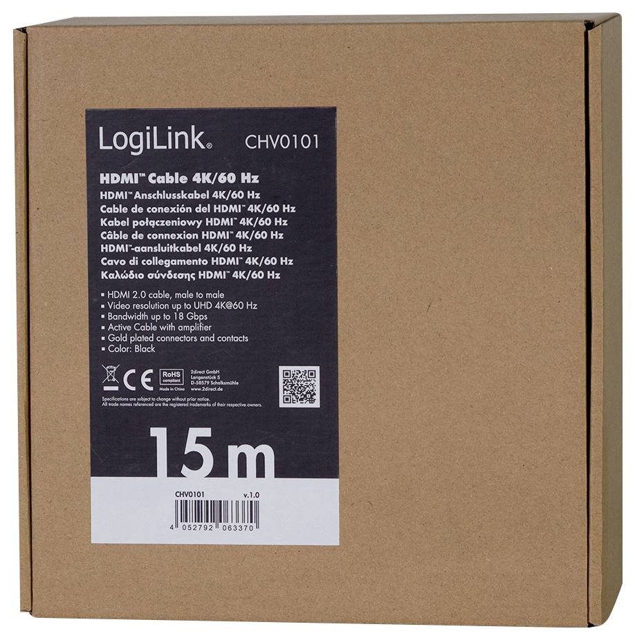 Emballage en carton pour câble HDMI LogiLink 4K/60 Hz, 15 mètres. Contient des informations sur les spécifications du produit en plusieurs langues.