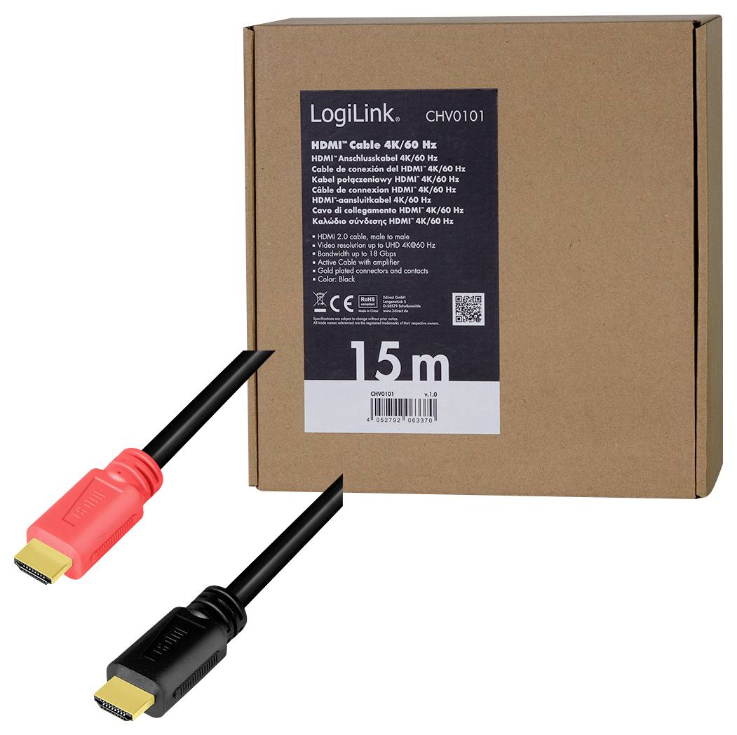 Un câble HDMI de 15 mètres de LogiLink, modèle CHV0101, adapté pour une transmission 4K/60 Hz. Emballé dans un carton brun.