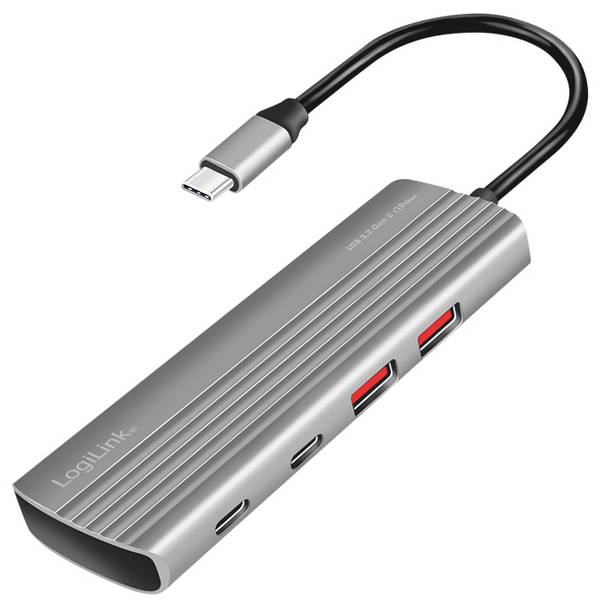 LogiLink UA0414 Hub USB 7 ports USB-A, USB-C® (avec Power Delivery) USB 3.2 Gen2 10 GBit/s boîtier en aluminium, avec port de charge rapide gris sidéral UA0414